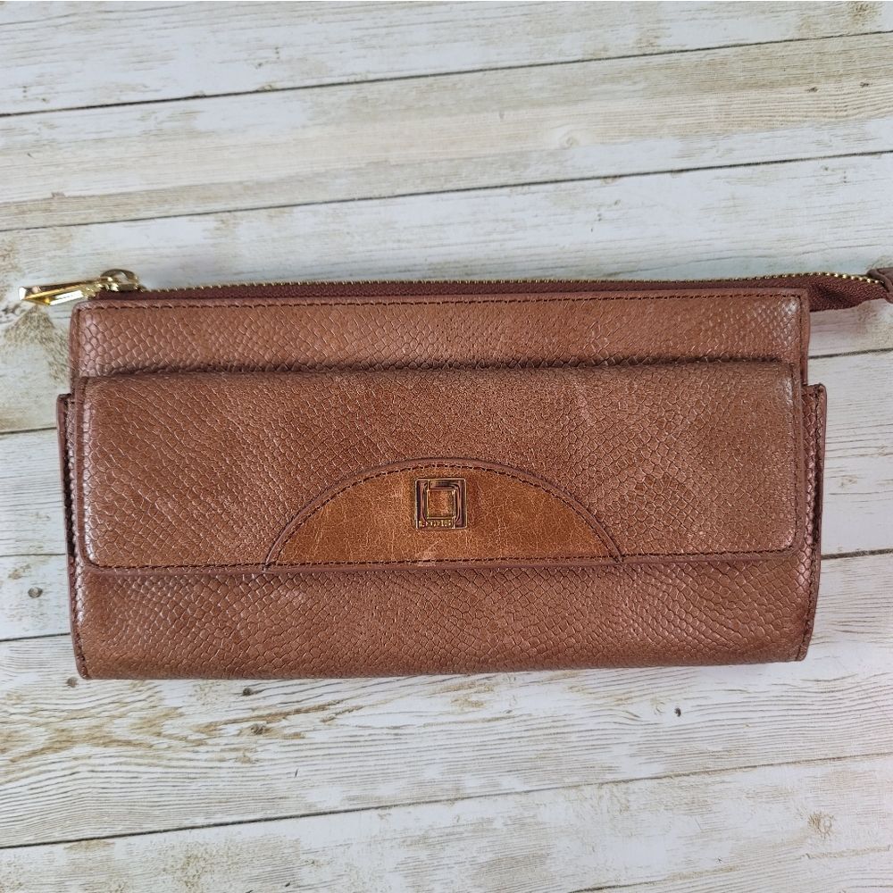 Lodis Tan Reptile Snake Embossed Large Zipper Wallet